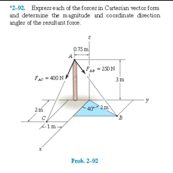 *2-92. Express each of the forces in Cartesian vector form
and determine the magnitude and coordinate direction
angles of the resultant force.
0.75 m
FAS
FAS = 250 N
FAC = 400 N
3 m
40 2 m
im-
-1m-
Ргob. 2-92
