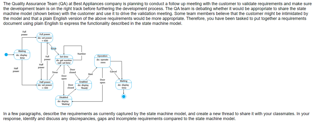 The Quality Assurance Team (QA) at Best Appliances company is planning to conduct a follow up meeting with the customer to validate requirements and make sure
the development team is on the right track before furthering the development process. The QA team is debating whether it would be appropriate to share the state
machine model (shown below) with the customer and use it to drive the validation meeting. Some team members believe that the customer might be intimidated by
the model and that a plain English version of the above requirements would be more appropriate. Therefore, you have been tasked to put together a requirements
document using plain English to express the functionality described in the state machine model.
Full
Full power
power
do: set power
- 600
Timer
Waiting
Number
do: display
time
Operation
Full
Set time
power
do: operate
do: get number
exit: set time
oven
Half
Half
power
Door
power
Timer
closed
Cancel
Start
Door
open
Door
Waiting
Enabled
Half power
do: set power
= 300
оpen
Door
closed
do: display
"Ready
do: display
time
Disabled
do: display
Waiting
In a few paragraphs, describe the requirements as currently captured by the state machine model, and create a new thread to share it with your classmates. In your
response, identify and discuss any discrepancies, gaps and incomplete requirements compared to the state machine model.
