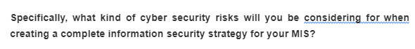 Specifically, what kind of cyber security risks will you be considering for when
creating a complete information security strategy for your MIS?