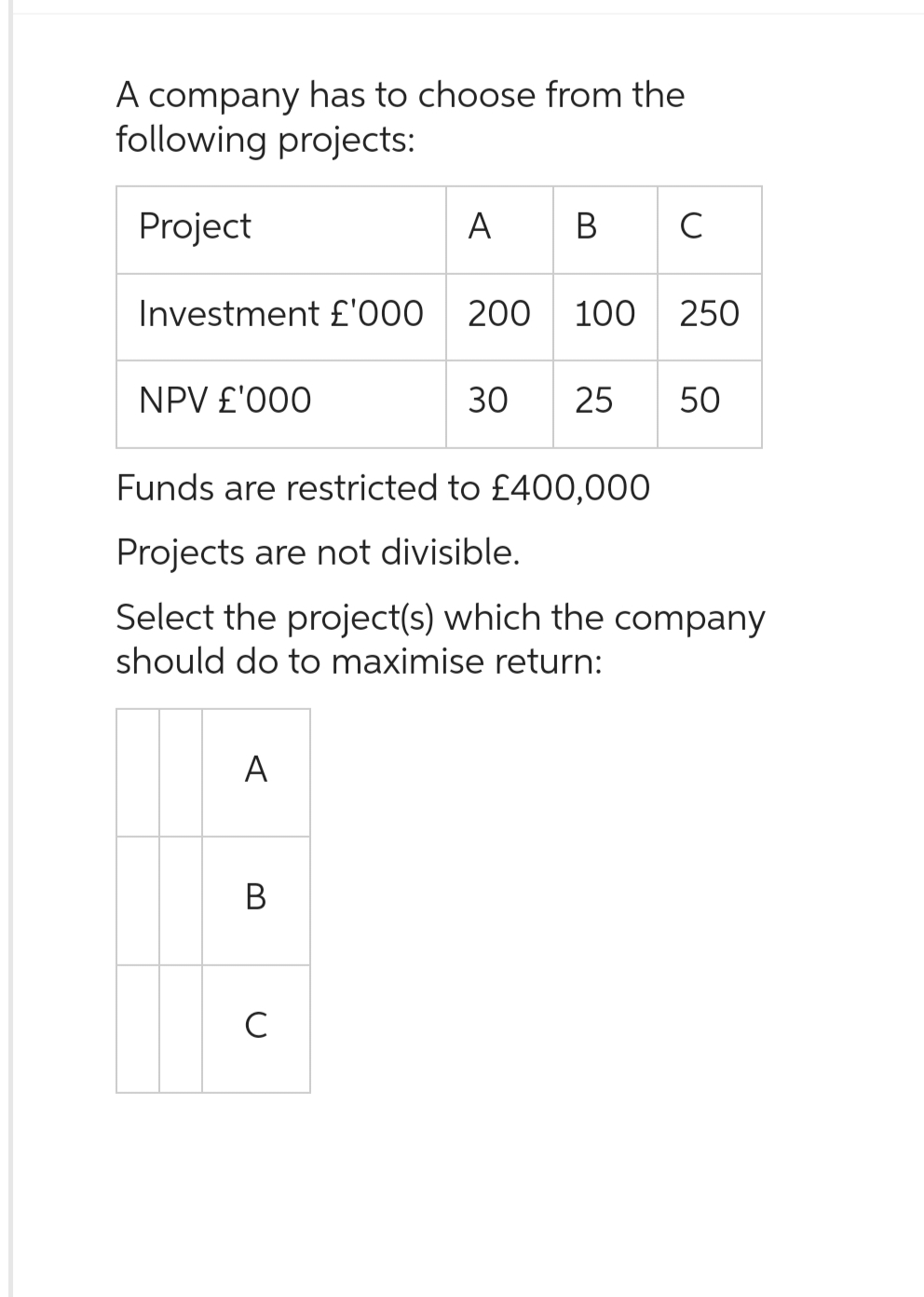 A company has to choose from the
following projects:
Project
NPV £'000
Investment £'000 200 100 250
A
A B
B
C
Funds are restricted to £400,000
Projects are not divisible.
Select the project(s) which the company
should do to maximise return:
с
30 25 50