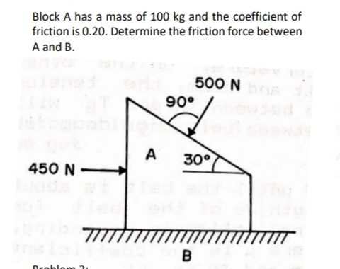 Block A has a mass of 100 kg and the coefficient of
friction is 0.20. Determine the friction force between
A and B.
500 N 1
90°
Bed
A
30°
450 N
B
Dreble m .
