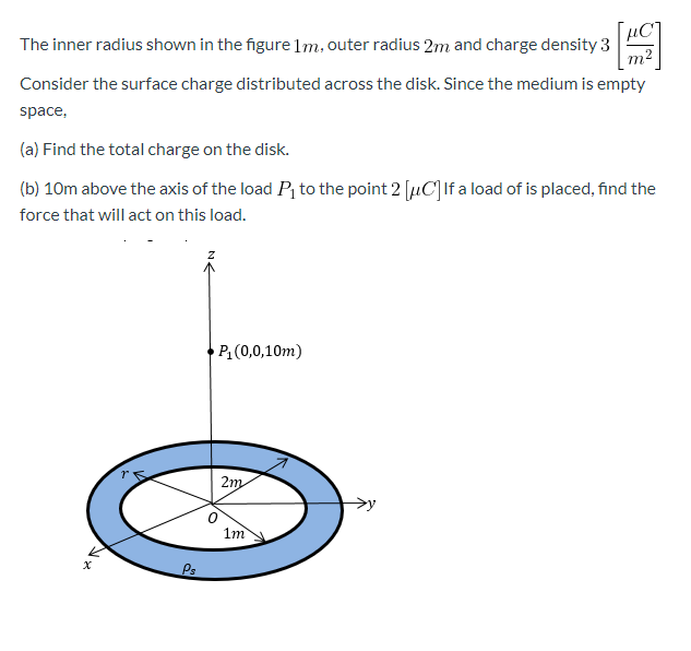 The inner radius shown in the figure 1m, outer radius 2m and charge density 3
µC
Consider the surface charge distributed across the disk. Since the medium is empty
m2
space,
(a) Find the total charge on the disk.
(b) 10m above the axis of the load P to the point 2 [µC|lf a load of is placed, find the
force that will act on this load.
P(0,0,10m)
2m
1m
Ps
