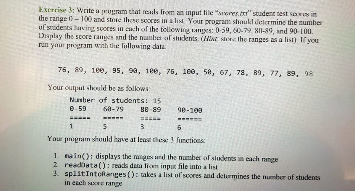 Exercise 3: Write a program that reads from an input file "scores.txť" student test scores in
the
0-100 and store these scores in a list. Your program should determine the number
range
of students having scores in each of the following ranges: 0-59, 60-79, 80-89, and 90-100.
Display the score ranges and the number of students. (Hint: store the ranges as a list). If you
run your program with the following data:
76, 89,
100, 95, 90, 100, 76, 100, 50, 67, 78, 89, 77, 89, 98
Your output should be as follows:
Number of students: 15
0-59
60-79
80-89
90-100
=====
=====
=====
======
1
Your
program should have at least these 3 functions:
1. main(): displays the ranges and the number of students in each range
2. readData(): reads data from input file into a list
3. splitIntoRanges(): takes a list of scores and determines the number of students
in each score range
