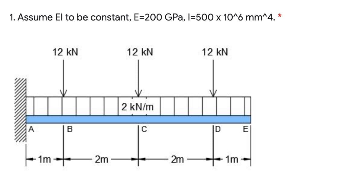 1. Assume El to be constant, E=200 GPa, l=500 x 10^6 mm^4.
12 kN
12 kN
12 kN
2 kN/m
B
|D
E|
1m
2m
2m
1m
