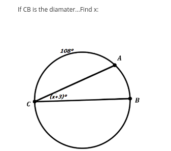 If CB is the diamater... Find x:
C
108⁰
(x+3)⁰
B