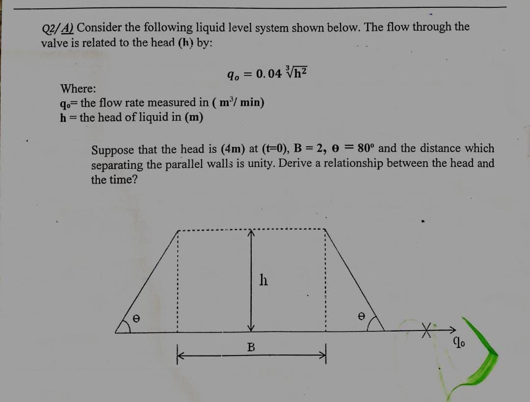 Q2/4) Consider the following liquid level system shown below. The flow through the
valve is related to the head (h) by:
% = 0.04 √√/h²
Where:
qo the flow rate measured in (m³/ min)
h = the head of liquid in (m)
Suppose that the head is (4m) at (t=0), B = 2,0 = 80° and the distance which
separating the parallel walls is unity. Derive a relationship between the head and
the time?
k
h
B
To