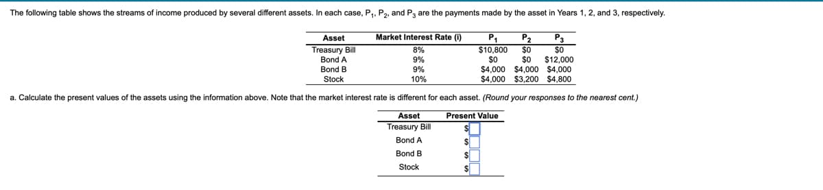 The following table shows the streams of income produced by several different assets. In each case, P1, P, and Pa are the payments made by the asset in Years 1, 2, and 3, respectively.
Asset
Market Interest Rate (i)
P3
$0
$12,000
$4,000 $4,000 $4,000
$4,000 $3,200 $4,800
P1
P2
Treasury Bill
8%
$10,800
$0
$0
Bond A
9%
$0
Bond B
9%
Stock
10%
a. Calculate the present values of the assets using the information above. Note that the market interest rate is different for each asset. (Round your responses to the nearest cent.)
Asset
Present Value
Treasury Bill
Bond A
Bond B
Stock
$
