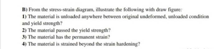 B) From the stress-strain diagram, illustrate the following with draw figure:
1) The material is unloaded anywhere between original undeformed, unloaded condition
and yield strength?
2) The material passed the yield strength?
3) The material has the permanent strain?
4) The material is strained beyond the strain hardening?
