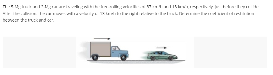 The 5-Mg truck and 2-Mg car are traveling with the free-rolling velocities of 37 km/h and 13 km/h, respectively, just before they collide.
After the collision, the car moves with a velocity of 13 km/h to the right relative to the truck. Determine the coefficient of restitution
between the truck and car.