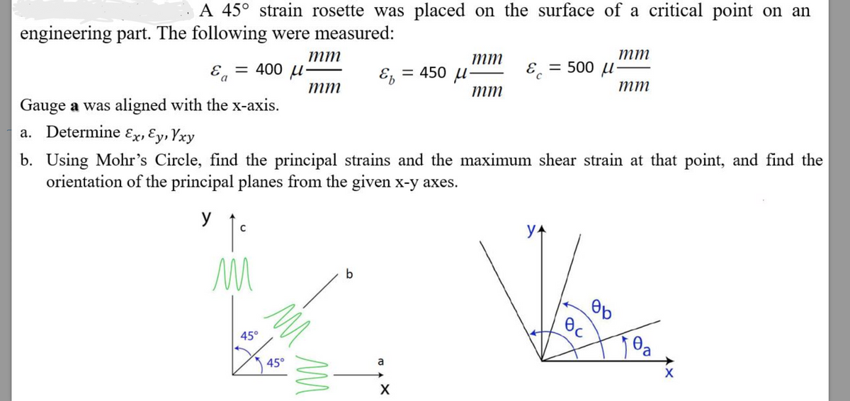 A 45° strain rosette was placed on the surface of a critical point on an
engineering part. The following were measured:
Ea
= 400 μ
C
ли
45°
mm
mm
45°
ли
Gauge a was aligned with the x-axis.
a. Determine Ex, Ey, Yxy
b. Using Mohr's Circle, find the principal strains and the maximum shear strain at that point, and find the
orientation of the principal planes from the given x-y axes.
y
ли
& = 450 μ
ஆ
b
a
mm
X
mm
& c
= 500 μ
y+
ос
mm
mm
eb
10₂
X