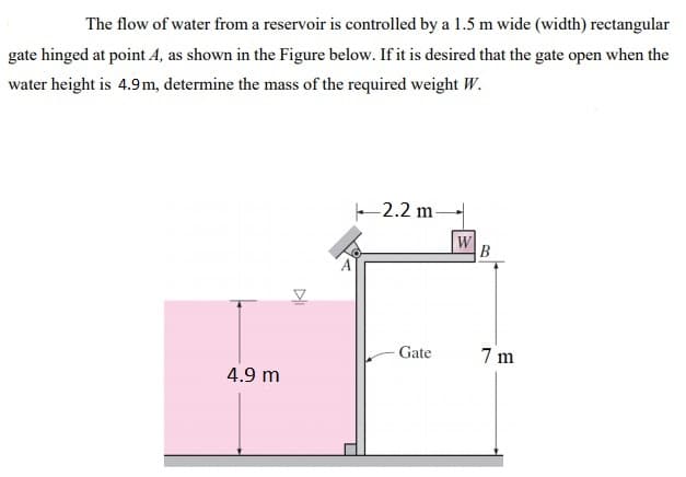 The flow of water from a reservoir is controlled by a 1.5 m wide (width) rectangular
gate hinged at point 4, as shown in the Figure below. If it is desired that the gate open when the
water height is 4.9m, determine the mass of the required weight W.
