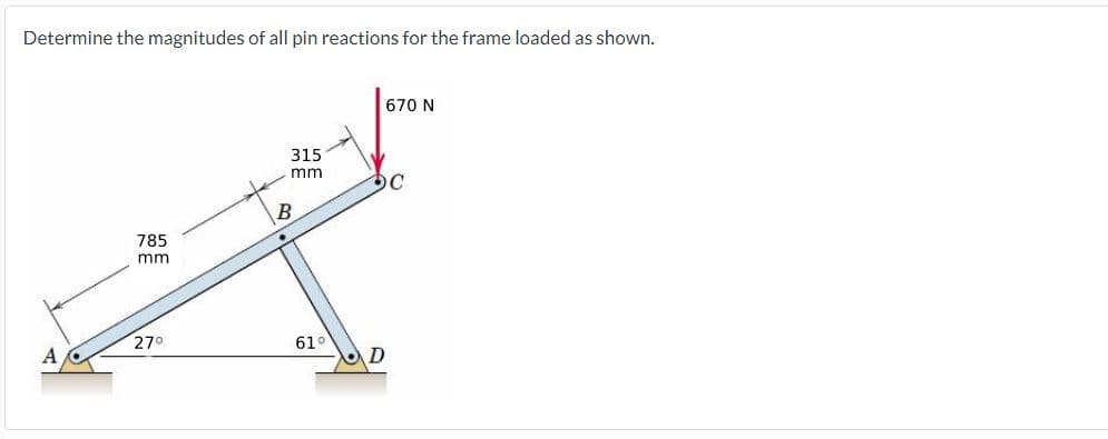Determine the magnitudes of all pin reactions for the frame loaded as shown.
785
mm.
27°
315
mm
B
61°
670 N
DC
D