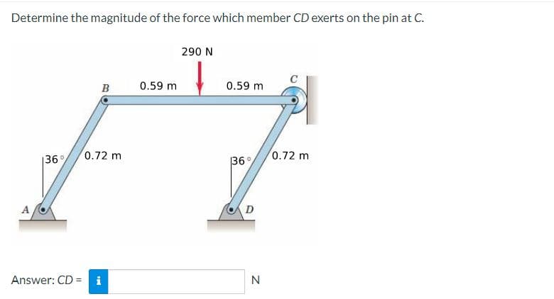 Determine the magnitude of the force which member CD exerts on the pin at C.
A
136%
B
0.72 m
Answer: CD = i
0.59 m
290 N
0.59 m
36°
D
N
0.72 m