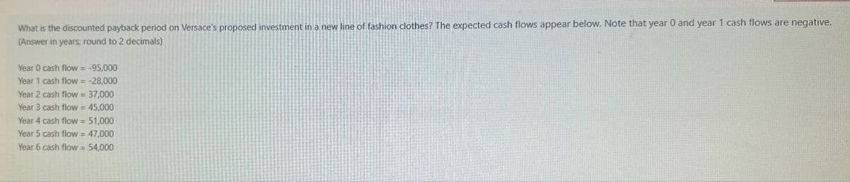What is the discounted payback period on Versace's proposed investment in a new line of fashion clothes? The expected cash flows appear below. Note that year 0 and year 1 cash flows are negative.
(Answer in years; round to 2 decimals)
Year 0 cash flow = -95,000
Year 1 cash flow = -28,000
Year 2 cash flow = 37,000
Year 3 cash flow = 45,000
Year 4 cash flow = 51,000
Year 5 cash flow = 47,000
Year 6 cash flow = 54,000