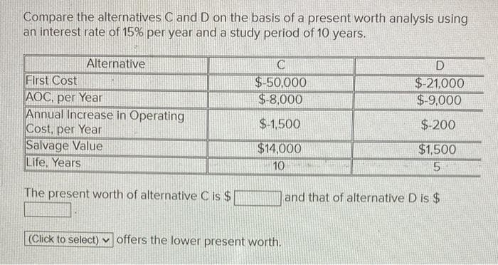 Compare the alternatives C and D on the basis of a present worth analysis using
an interest rate of 15% per year and a study period of 10 years.
Alternative
D
First Cost
AOC, per Year
Annual Increase in Operating
Cost, per Year
Salvage Value
Life, Years
$50,000
$8,000
$-21,000
$9,000
$-1,500
$-200
$14,000
$1,500
10
The present worth of alternative C is $
and that of alternative D is $
(Click to select) v offers the lower present worth.

