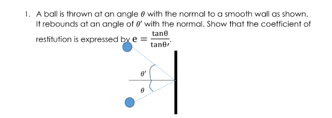 1. A ball is thrown at an angle e with the normal to a smooth wall as shown.
It rebounds at an angle of 8' with the normal. Show that the coefficient of
tane
restitution is expressed by e =
tane
