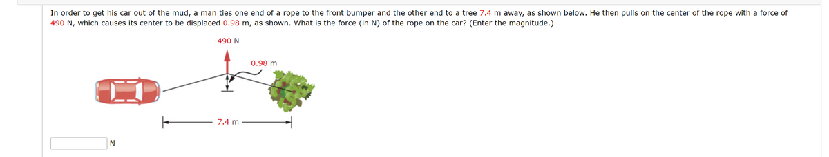 In order to get his car out of the mud, a man ties one end of a rope to the front bumper and the other end to a tree 7.4 m away, as shown below. He then pulls on the center of the rope with a force of
490 N, which causes its center to be displaced 0.98 m, as shown. What is the force (in N) of the rope on the car? (Enter the magnitude.)
490 N
0.98 m
7.4 m
