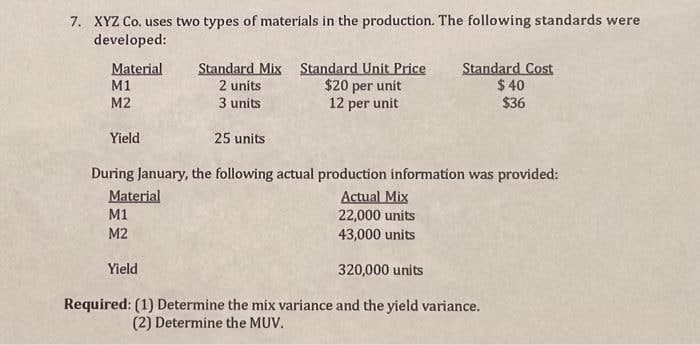 7. XYZ Co. uses two types of materials in the production. The following standards were
developed:
Material
M1
M2
Yield
Material
M1
M2
Standard Mix Standard Unit Price
2 units
$20 per unit
3 units
12 per unit
Yield
25 units
During January, the following actual production information was provided:
Actual Mix
22,000 units
43,000 units
320,000 units
Required: (1) Determine the mix variance and the yield variance.
(2) Determine the MUV.
Standard Cost
$40
$36