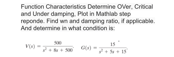 Function Characteristics Determine OVer, Critical
and Under damping, Plot in Mathlab step
reponde. Find wn and damping ratio, if applicable.
And determine in what condition is:
500
15
V(s)
G(s)
s² + 8s + 500
s2 + 5s + 15
