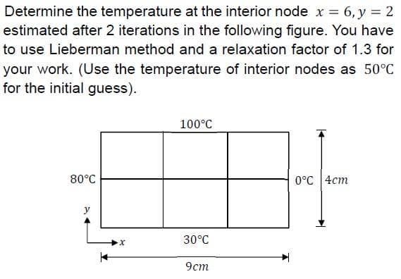Determine the temperature at the interior node x = 6, y = 2
estimated after 2 iterations in the following figure. You have
to use Lieberman method and a relaxation factor of 1.3 for
your work. (Use the temperature of interior nodes as 50°C
for the initial guess).
100°C
80°C
0°с | 4ст
y
30°C
9ст
