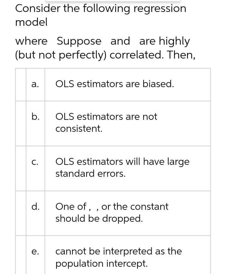 Consider the following regression
model
where Suppose and are highly
(but not perfectly) correlated. Then,
a.
b.
C.
d.
e.
OLS estimators are biased.
OLS estimators are not
consistent.
OLS estimators will have large
standard errors.
One of,, or the constant
should be dropped.
cannot be interpreted as the
population intercept.