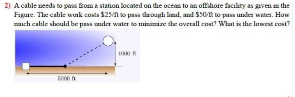 2) A cable needs to pass from a station located on the ocean to an offshore facility as given in the
Figure. The cable work costs $25/ft to pass through land, and $50/ft to pass under water. How
much cable should be pass under water to minimize the overall cost? What is the lowest cost?
1000 ft
5000 ft
