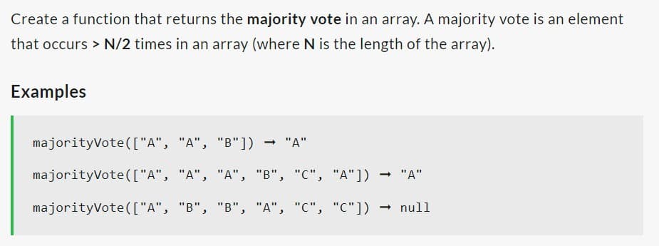 Create a function that returns the majority vote in an array. A majority vote is an element
that occurs > N/2 times in an array (where N is the length of the array).
Examples
majorityVote(["A",
majorityVote(["A",
majorityVote(["A",
"A", "B"]) → "A"
"A", "A", "B", "C", "A"]) → "A"
"B", "B", "A", "C", "C"]) → null