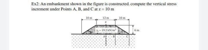 Ex2: An embankment shown in the figure is constructed. compute the vertical stress
increment under Points A, B, and C at z = 10 m
10 m
12 m
10 m
Y 19.2 kN/m
6 m
