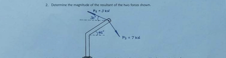 2. Determine the magnitude of the resultant of the two forces shown.
Fs3 kN
=7 kN
