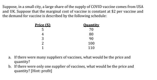 Suppose, in a small city, a large share of the supply of COVID vaccine comes from USA
and UK. Suppose that the marginal cost of vaccine is constant at $2 per vaccine and
the demand for vaccine is described by the following schedule:
Price ($)
Quantity
70
5
4
80
3
90
100
1
110
a. If there were many suppliers of vaccines, what would be the price and
quantity?
b. If there were only one supplier of vaccines, what would be the price and
quantity? [Hint: profit]
