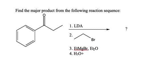 Find the major product from the following reaction sequence:
1. LDA
?
2.
Br
3. EtMgBr, EtO
4. Н:О+
