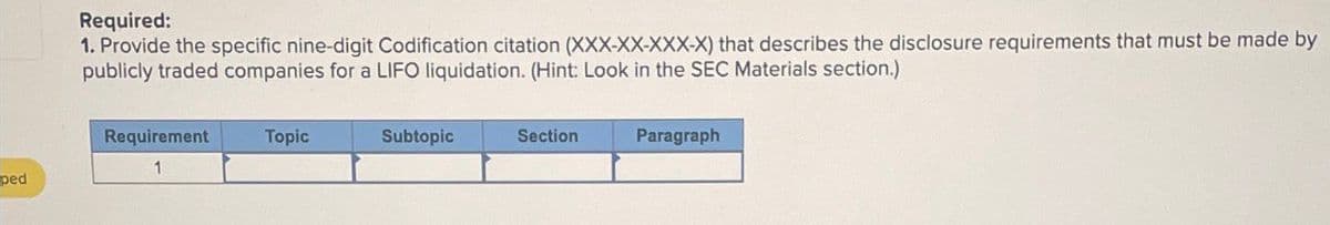 Required:
1. Provide the specific nine-digit Codification citation (XXX-XX-XXX-X) that describes the disclosure requirements that must be made by
publicly traded companies for a LIFO liquidation. (Hint: Look in the SEC Materials section.)
Requirement
1
Topic
Subtopic
Section
Paragraph
ped