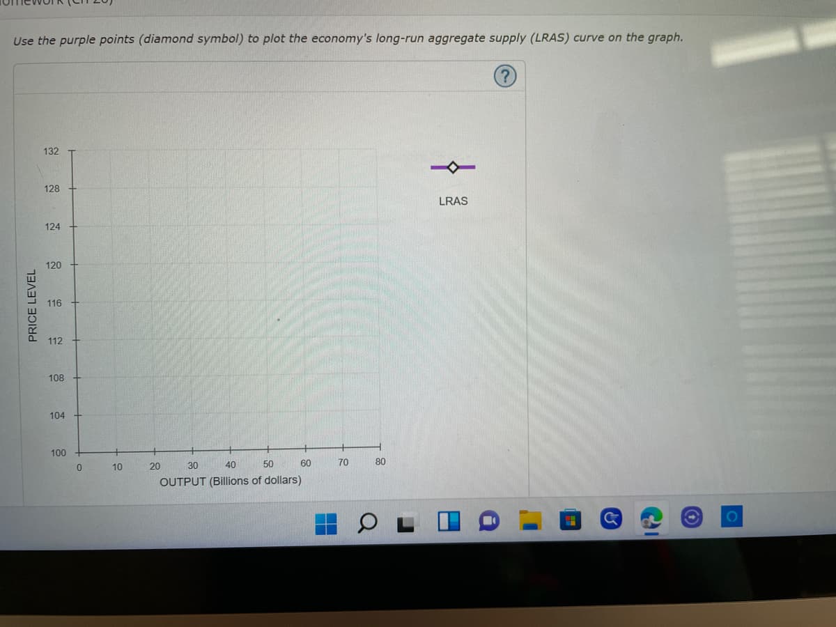 Use the purple points (diamond symbol) to plot the economy's long-run aggregate supply (LRAS) curve on the graph.
132
128
124
120
116
112
108
104
100
PRICE LEVEL
0
10
20
30
40
50
60
OUTPUT (Billions of dollars)
70
80
>
LRAS
G