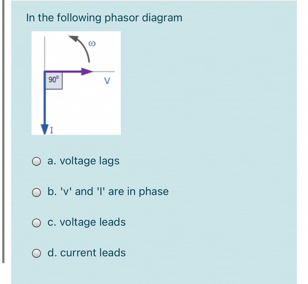 In the following phasor diagram
90°
V
O a. voltage lags
O b. 'v' and T' are in phase
O c. voltage leads
O d. current leads
