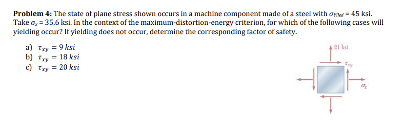 Problem 4: The state of plane stress shown occurs in a machine component made of a steel with oYilled = 45 ksi.
Take ox= 35.6 ksi. In the context of the maximum-distortion-energy criterion, for which of the following cases will
yielding occur? If yielding does not occur, determine the corresponding factor of safety.
a) Txy = 9 ksi
b) Txy = 18 ksi
c) Txy = 20 ksi
21 ksi