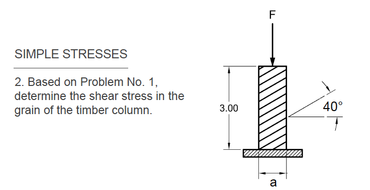 F
SIMPLE STRESSES
2. Based on Problem No. 1,
determine the shear stress in the
grain of the timber column.
3.00
40°
a
