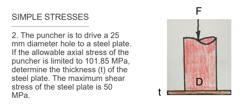 F
SIMPLE STRESSES
2. The puncher is to drive a 25
mm diameter hole to a steel plate.
If the allowable axial stress of the
puncher is limited to 101.85 MPa,
determine the thickness (t) of the
steel plate. The maximum shear
stress of the steel plate is 50
MРа.
