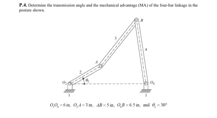 P.4. Determine the transmission angle and the mechanical advantage (MA) of the four-bar linkage in the
posture shown.
B
0₂0₁ = 6 in, 0₂4 = 3 in, AB=5 in, O₂B= 6.5 in, and ₂ = 30°