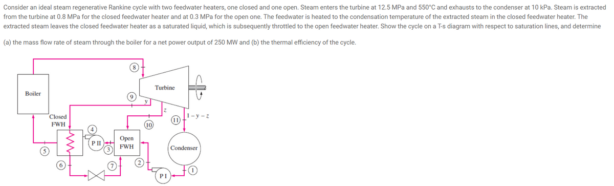 Consider an ideal steam regenerative Rankine cycle with two feedwater heaters, one closed and one open. Steam enters the turbine at 12.5 MPa and 550°C and exhausts to the condenser at 10 kPa. Steam is extracted
from the turbine at 0.8 MPa for the closed feedwater heater and at 0.3 MPa for the open one. The feedwater is heated to the condensation temperature of the extracted steam in the closed feedwater heater. The
extracted steam leaves the closed feedwater heater as a saturated liquid, which is subsequently throttled to the open feedwater heater. Show the cycle on a T-s diagram with respect to saturation lines, and determine
(a) the mass flow rate of steam through the boiler for a net power output of 250 MW and (b) the thermal efficiency of the cycle.
8
Turbine
Boiler
Closed
1-у - г
FWH
(10
Орen
PII
FWH
Condenser
