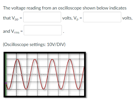 The voltage reading from an oscilloscope shown below indicates
that Vpp =
volts, V, =
volts,
and Vrms =
(Ocilloscope settings: 10V/DIV)

