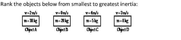 Rank the objects below from smallest to greatest inertia:
v=2m/s
v=0m/s
v=4m/s
m=10kg
m=20kg
m=5kg
Object A
Object B
Object C
v=3m/s
m=8kg
Object D
