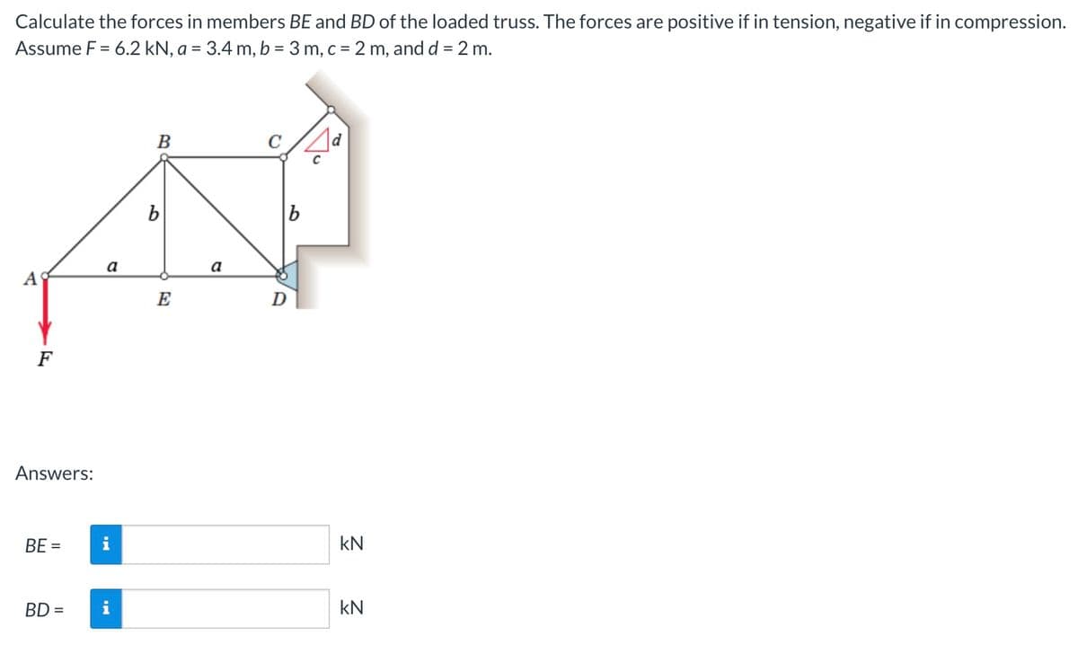 Calculate the forces in members BE and BD of the loaded truss. The forces are positive if in tension, negative if in compression.
Assume F = 6.2 kN, a = 3.4 m, b = 3 m, c = 2 m, and d = 2 m.
b
b
A
F
Answers:
BE =
BD =
a
i
IN
E
a
D
KN
kN