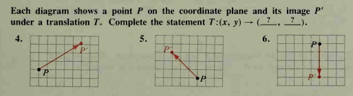Each diagram shows a point P on the coordinate plane and its image P'
under a translation T. Complete the statement T:(x, y) - (_? _, _?_).
4.
5.
6.
P'
Pp
