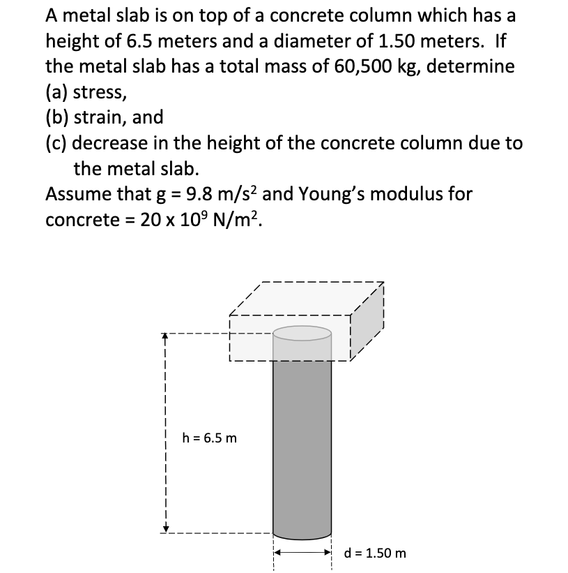A metal slab is on top of a concrete column which has a
height of 6.5 meters and a diameter of 1.50 meters. If
the metal slab has a total mass of 60,500 kg, determine
(a) stress,
(b) strain, and
(c) decrease in the height of the concrete column due to
the metal slab.
Assume that g = 9.8 m/s? and Young's modulus for
concrete = 20 x 10° N/m?.
h = 6.5 m
d = 1.50 m
