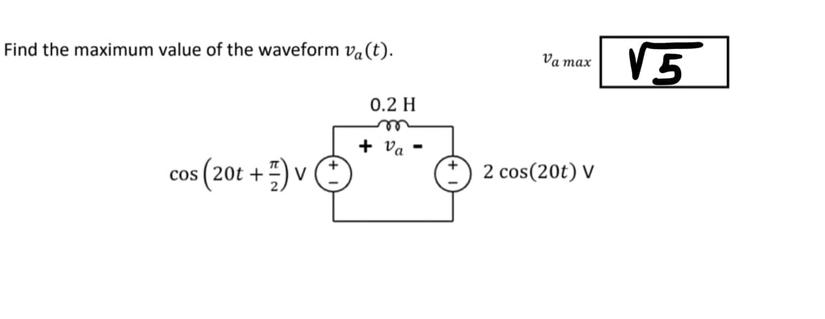 Find the maximum value of the waveform va(t).
cos (20t+) v
V
0.2 H
m
Va max
2 cos(20t) V
√5