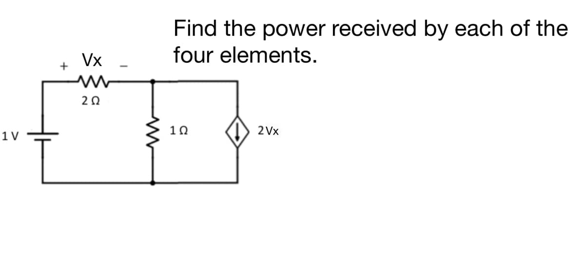 1V
+
Vx
202
w
Find the power received by each of the
four elements.
1Ω
2Vx