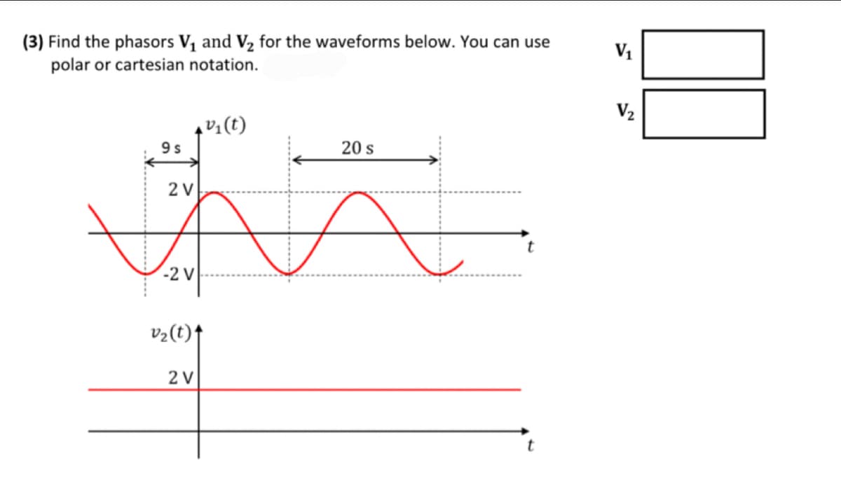 (3) Find the phasors V₁ and V₂ for the waveforms below. You can use
polar or cartesian notation.
9 s
2 V
-2 V
v₂ (t) ↑
2 V
v₁ (t)
20 s
A
t
t
V₁
V₂