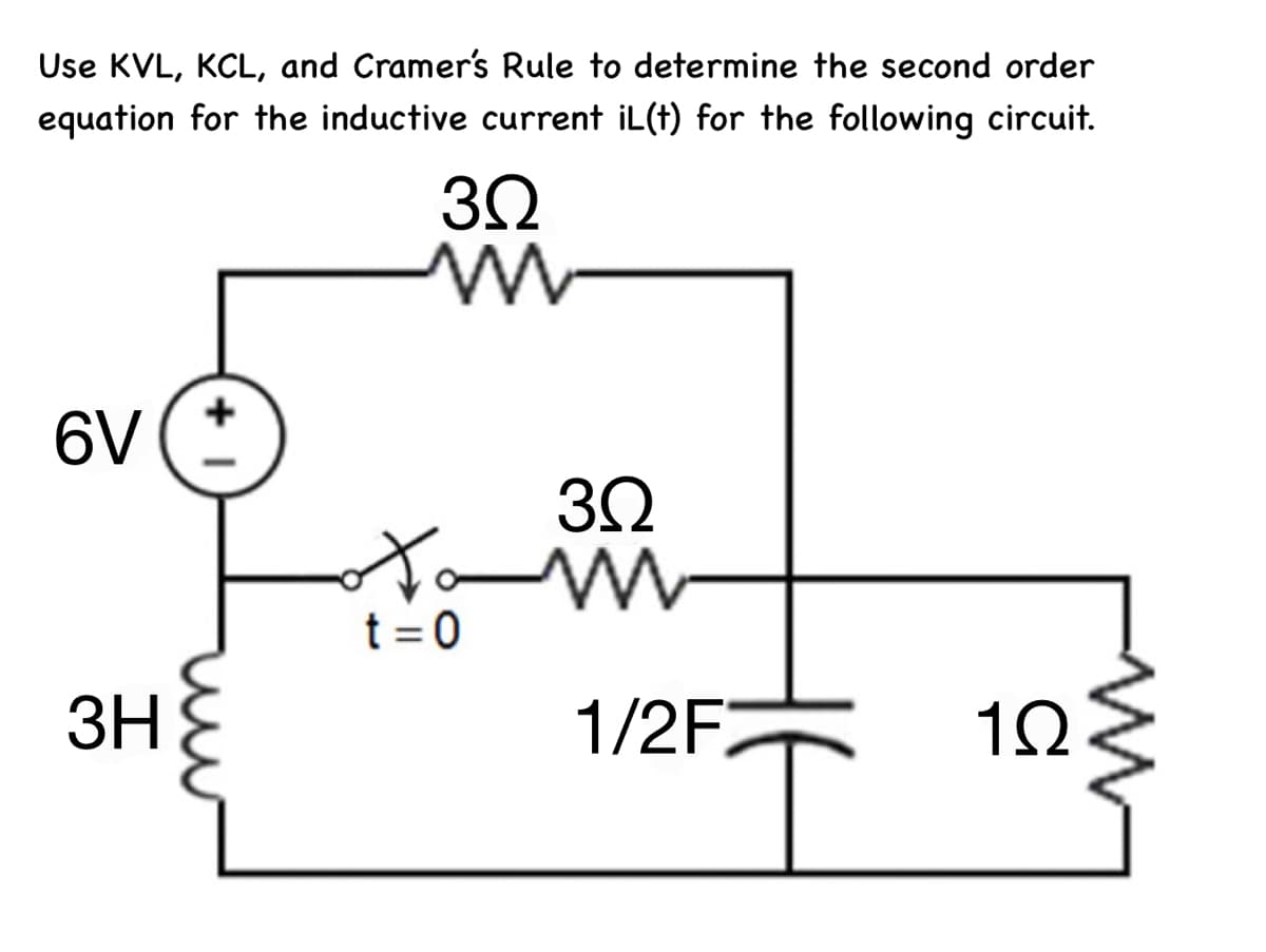 Use KVL, KCL, and Cramer's Rule to determine the second order
equation for the inductive current iL(t) for the following circuit.
32
6V
t =0
3HE
1/2F
