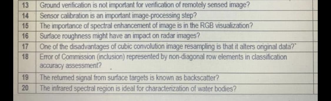 Ground verification is not important for verification of remotely sensed inmage?
Sensor calibration is an important image-processing step?
The importance of spectral enhancement of image is in the RGB visualization?
Surface roughness might have an impact on radar images?
One of the disadvantages of cubic convolution image resampling is that it alters original data?"
Error of Commission (inclusion) represented by non-diagonal row elements in classification
accuracy assessment?
13
14
15
16
17
18
The returned signal from surface targets is known as backscatter?
The infrared spectral region is ideal for characterization of water bodies?
19
20
