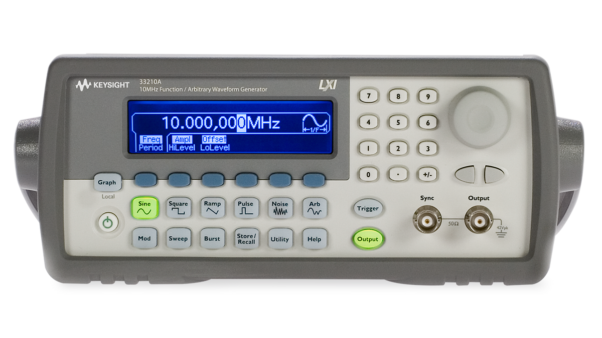 KEYSIGHT
Graph
Local
33210A
10MHz Function / Arbitrary Waveform Generator
Freq
Ampl Offset
Period HiLevel LoLevel
Sine
10.000,000MHz
Mod
Square Ramp
z
Sweep
Burst
Pulse
Л
Store/
Recall
Noise
www
Utility
LXI
K-1/F-
Arb
Help
7
4
I
0
Trigger
Output
8
5
2
6
3
+/-
Sync
5052
Output
42Vpk